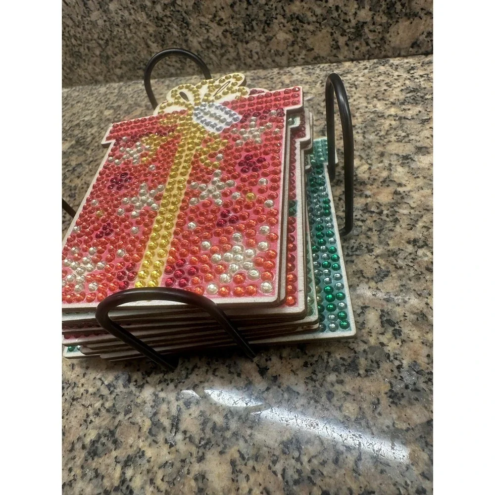 Christmas Present Gift Box Rhinestone Coasters Set Of 10 With‎ Metal Holder